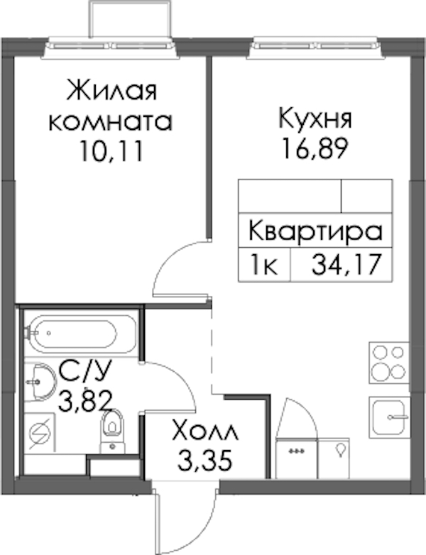 1-комнатная квартира 34.17 м², 11/12 эт., ЖК «Таллинский парк»